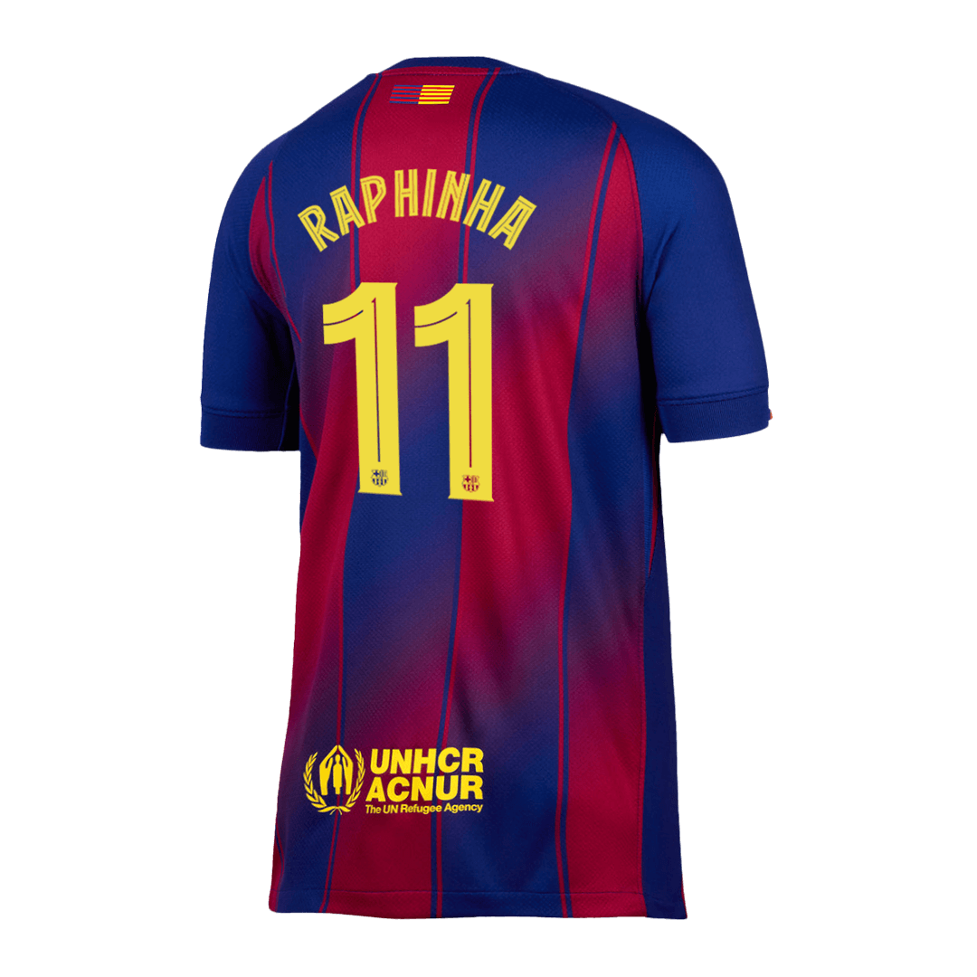 Camiseta de fútbol local del Barcelona RAPHINHA #11 2025/26, roja y azul - UCL