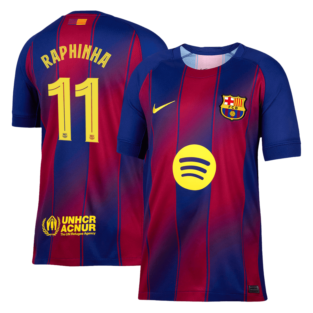 Camiseta de fútbol local del Barcelona RAPHINHA #11 2025/26, roja y azul - UCL