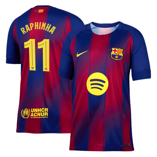 Camiseta de fútbol local del Barcelona RAPHINHA #11 2025/26, roja y azul - UCL
