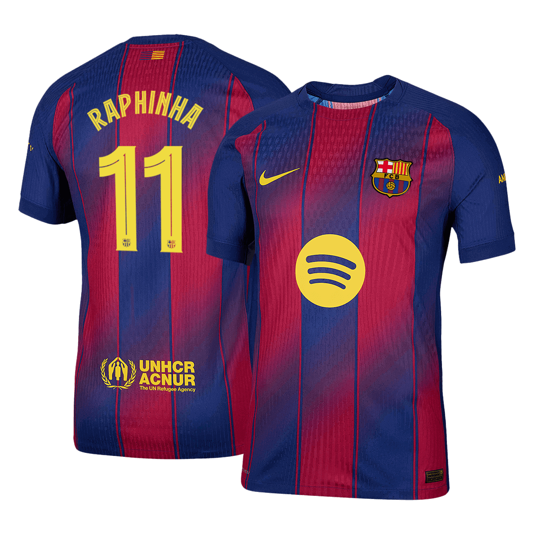 Camiseta de fútbol local auténtica de Raphinha #11 del Barcelona 2025/26, roja y azul - UCL