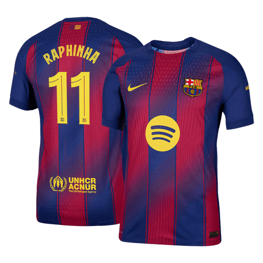 Camiseta de fútbol local auténtica de Raphinha #11 del Barcelona 2025/26, roja y azul - UCL