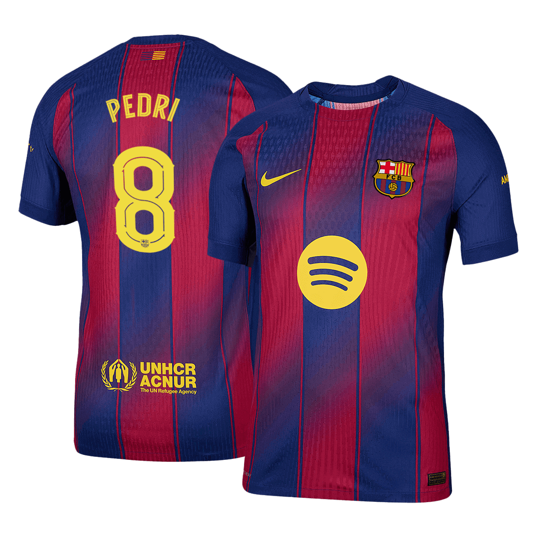 Camiseta de fútbol local auténtica del Barcelona PEDRI #8 2025/26, roja y azul - UCL