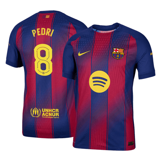 Camiseta de fútbol local auténtica del Barcelona PEDRI #8 2025/26, roja y azul - UCL