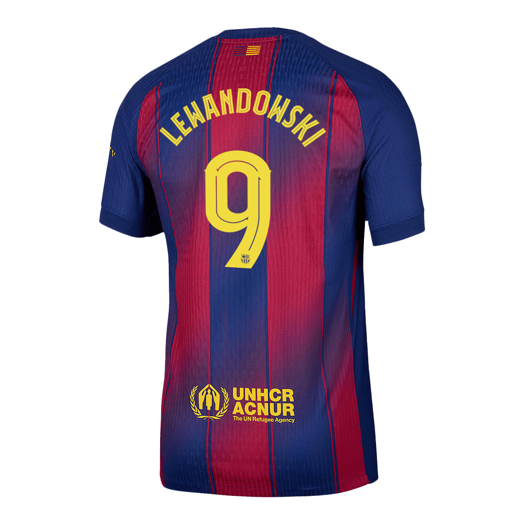 Camiseta de fútbol local auténtica del Barcelona Lewandowski #9 2025/26, roja y azul - UCL