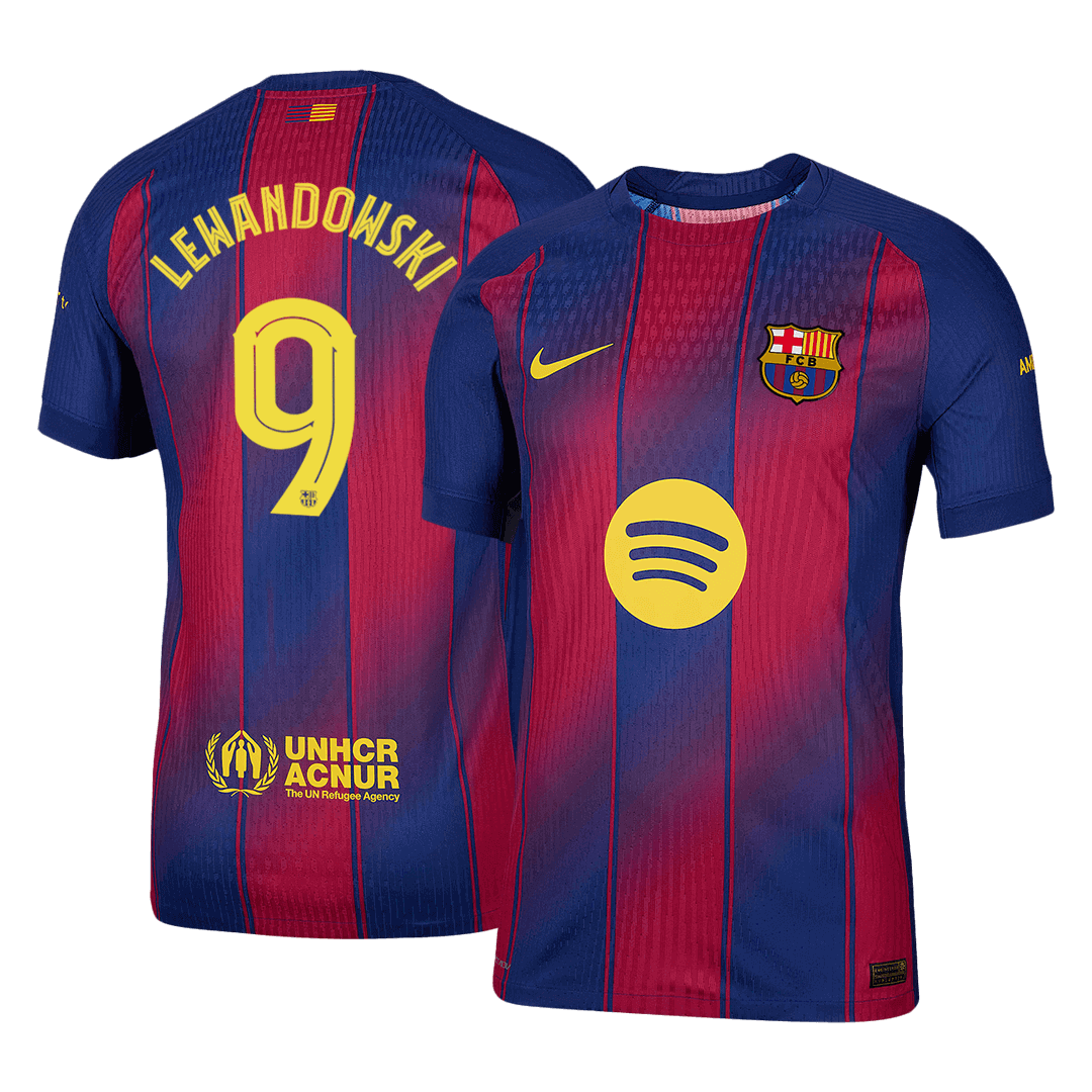 Camiseta de fútbol local auténtica del Barcelona Lewandowski #9 2025/26, roja y azul - UCL