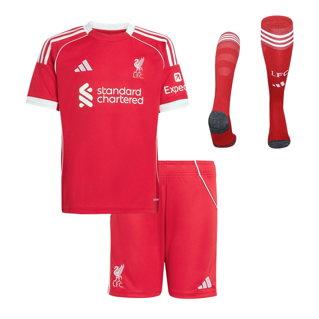 Kit de camiseta de fútbol local del Liverpool para niños (camiseta, pantalón corto y calcetines) 2025/26