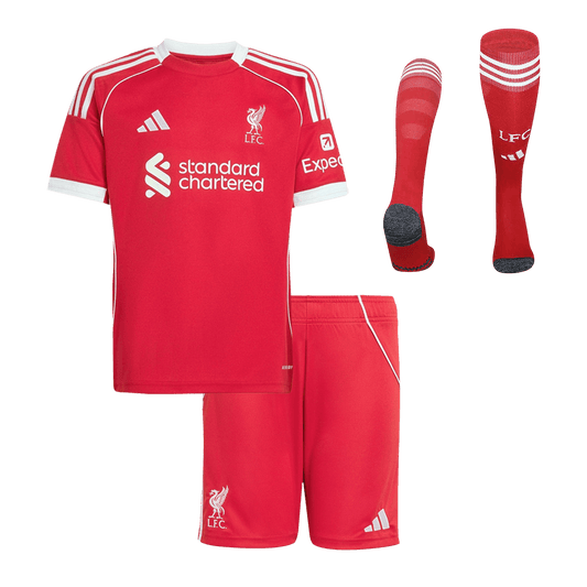 Kit de camiseta de fútbol local del Liverpool para niños (camiseta, pantalón corto y calcetines) 2025/26
