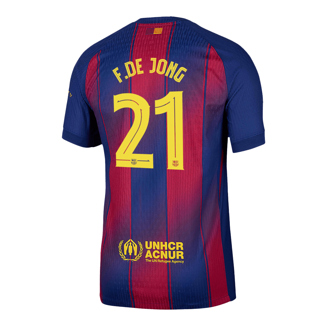 Camiseta de fútbol local auténtica de F.DE JONG #21 del Barcelona 2025/26, roja y azul - UCL