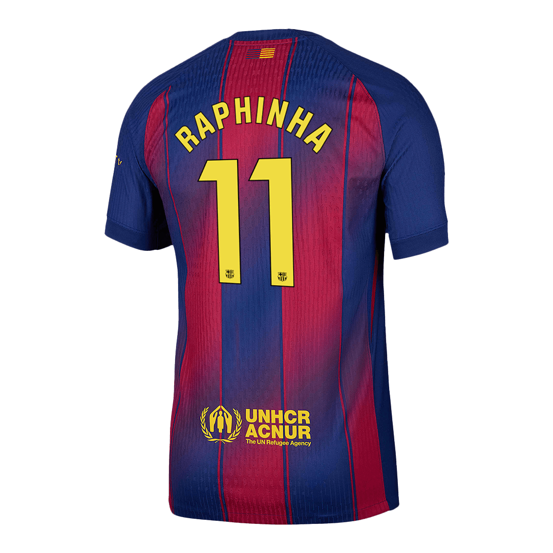 Camiseta de fútbol local auténtica de RAPHINHA #11 del Barcelona 2025/26, roja y azul