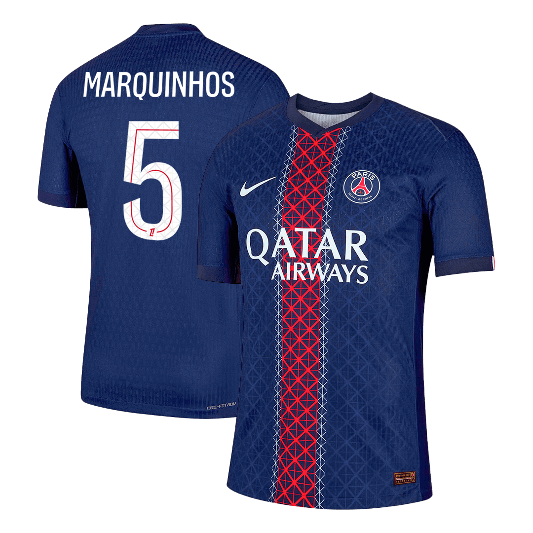 Camiseta de fútbol local auténtica del PSG MARQUINHOS #5 2025/26 azul marino