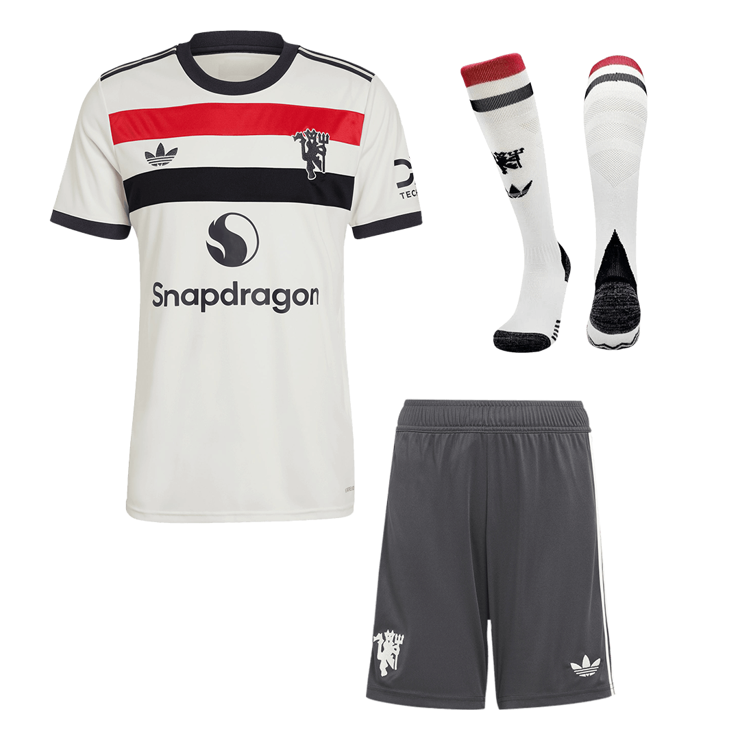 Kit de fútbol de visitante del Manchester United (camiseta, pantalón corto y calcetines)