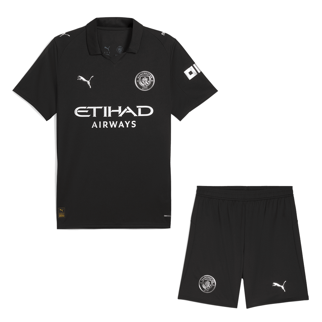 Kit de visitante del Manchester City (camiseta y pantalón corto) 2025/26, color negro