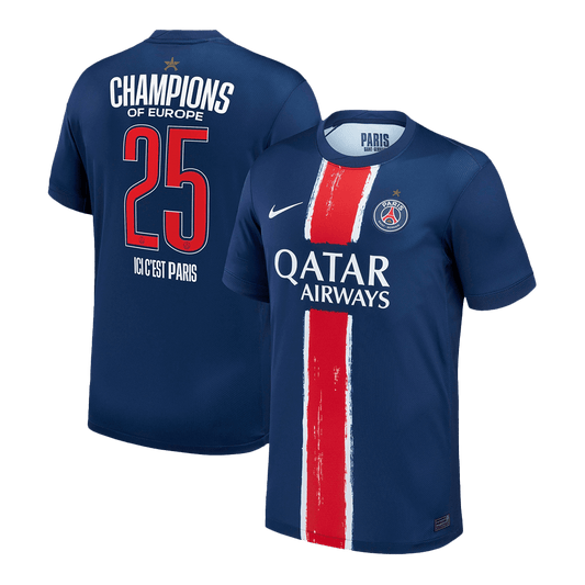 Camiseta de fútbol local del PSG #25 2024/25 azul marino - CAMPEONES DE EUROPA
