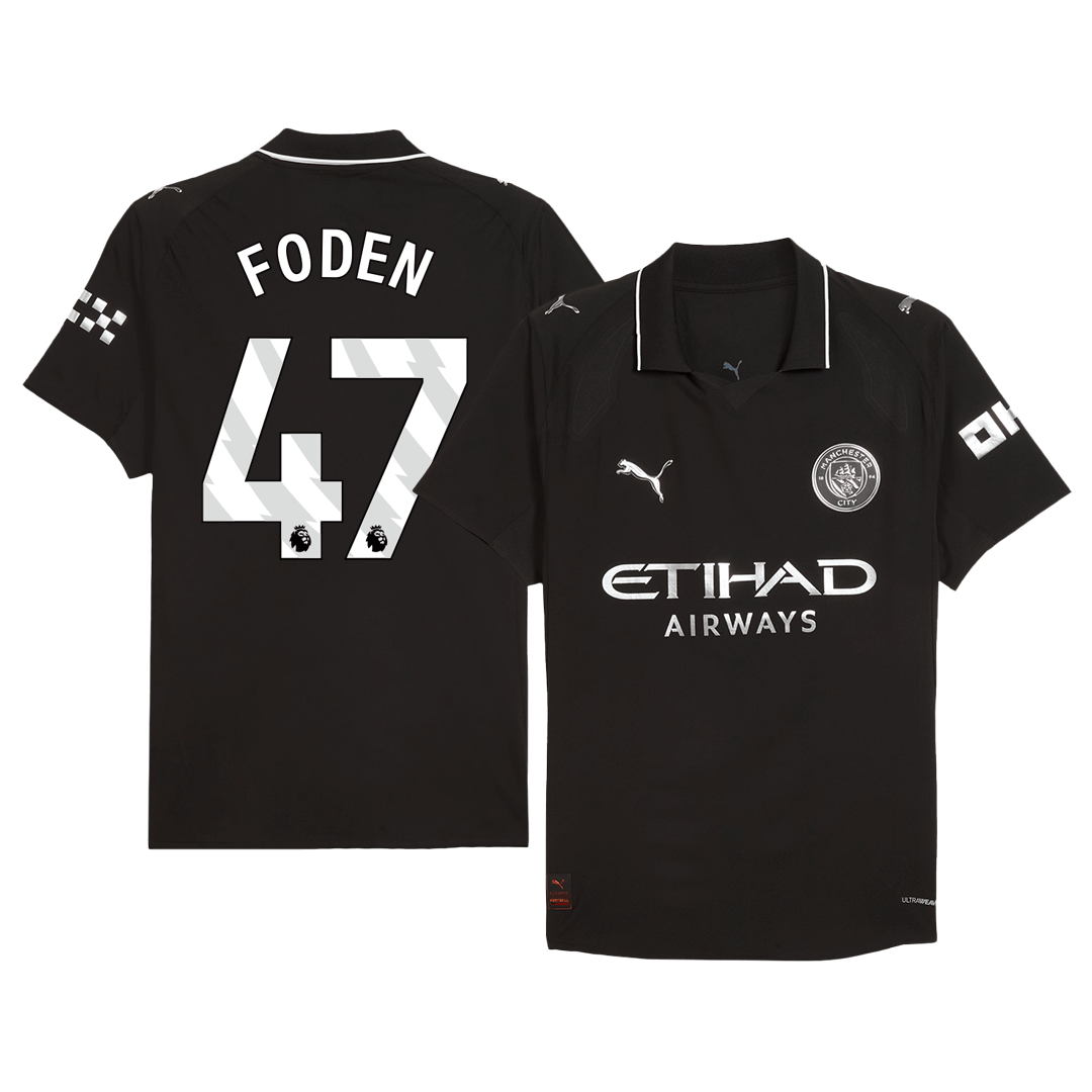 Camiseta de fútbol visitante auténtica FODEN #47 del Manchester City 2025/26, negra