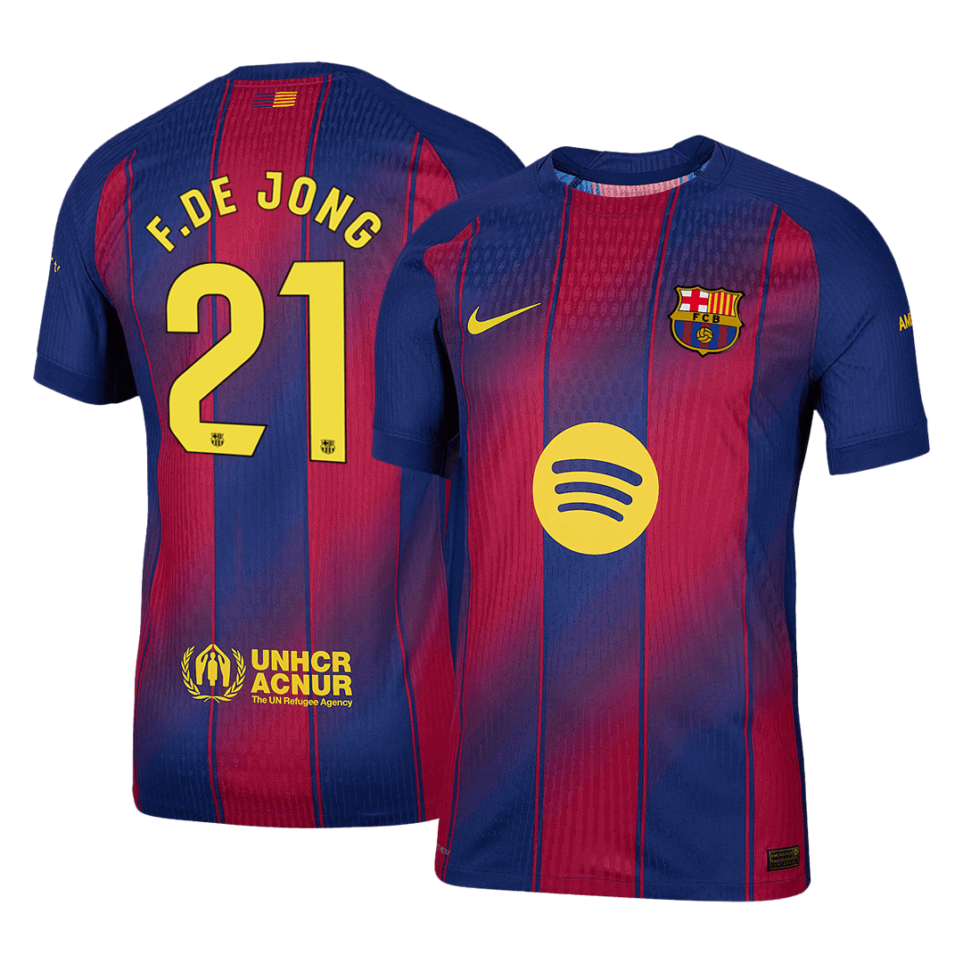Camiseta de fútbol local del Barcelona 2025/26, auténtica, F.DE JONG #21, roja y azul