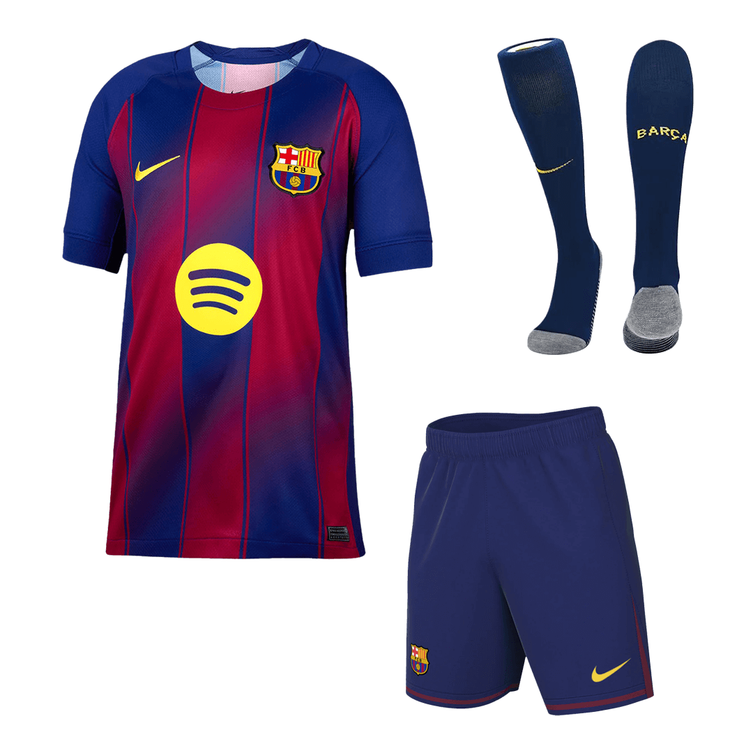 Kit de fútbol local del Barcelona (Kit, pantalón corto y medias) 2025/26, rojo y azul