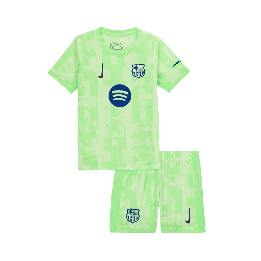 Kit de fútbol infantil de visitante del Barcelona (camiseta y pantalón corto) 2024/25 - UCL (logotipo de Spotify sin texto)