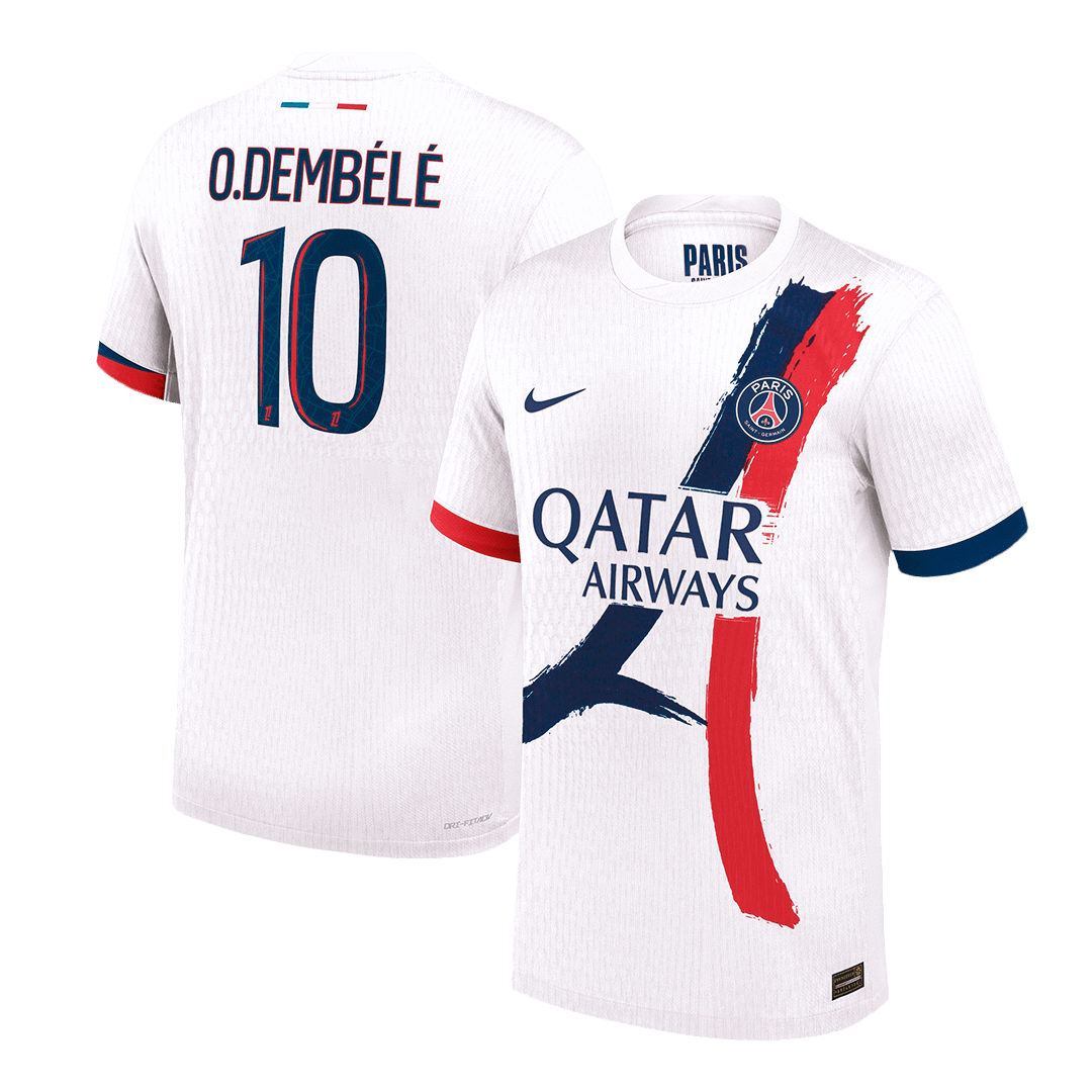 Camiseta de fútbol visitante auténtica O.DEMBÉLÉ #10 del PSG 2024/25, blanca