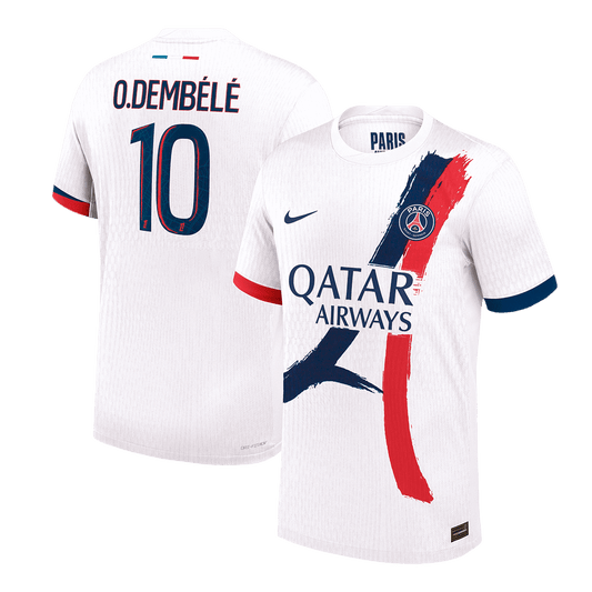 Camiseta de fútbol visitante auténtica O.DEMBÉLÉ #10 del PSG 2024/25, blanca