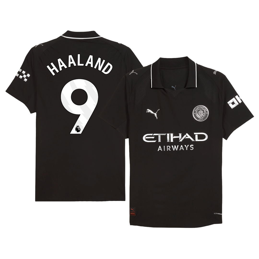 Camiseta de fútbol visitante auténtica HAALAND #9 del Manchester City 2025/26, negra