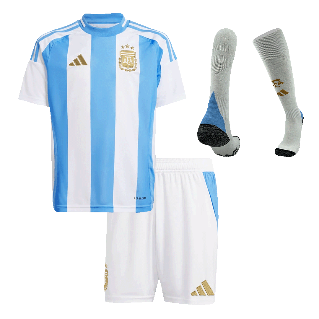 Kit de camiseta local de Argentina para niños (camiseta, pantalón corto y medias) Copa América 2024