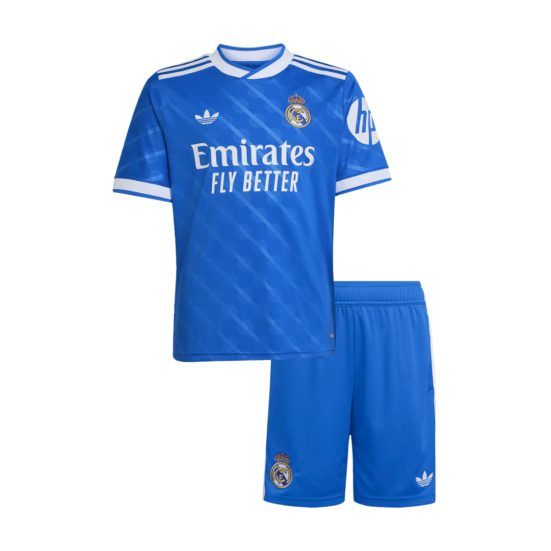 Kit de camiseta de fútbol de la tercera equipación del Real Madrid 2025/26 para niños