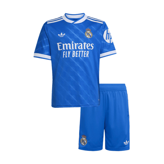 Kit de camiseta de fútbol de la tercera equipación del Real Madrid 2025/26 para niños