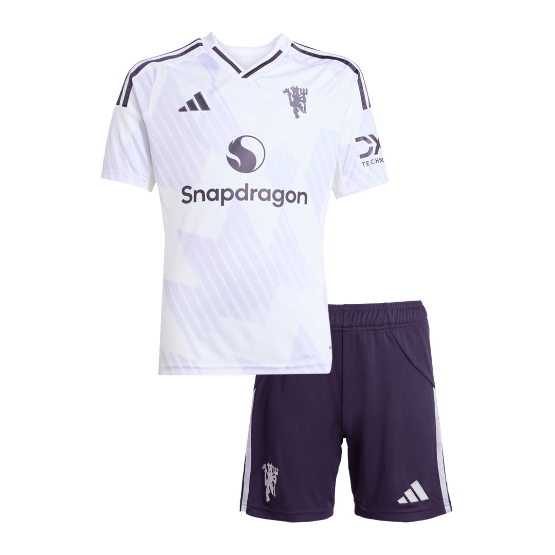 Kit de fútbol visitante del Manchester United para niño (Kit y pantalón corto) 2025/26, color blanco