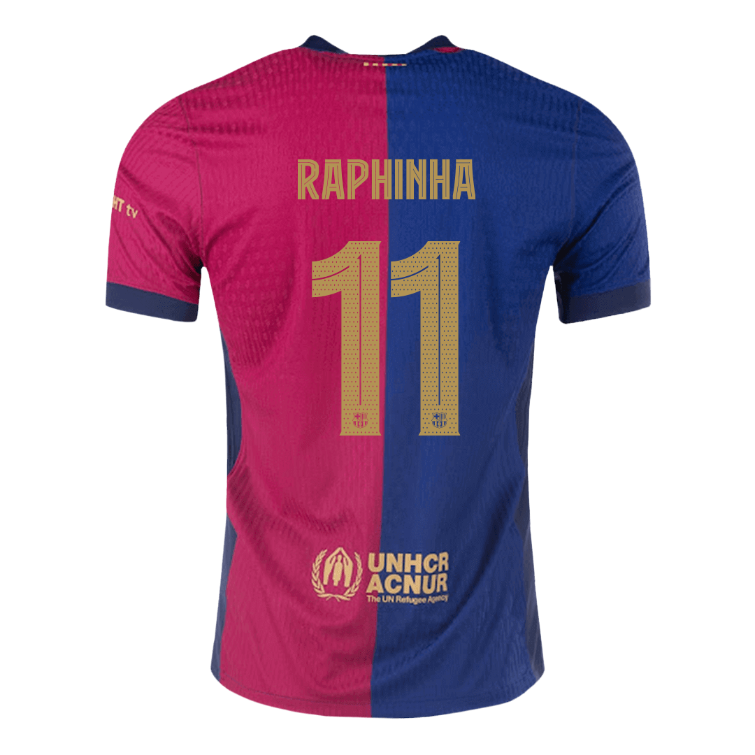 Camiseta de fútbol local auténtica del Barcelona 2024/25, RAPHINHA #11, roja y azul - UCL (logotipo de Spotify sin texto)