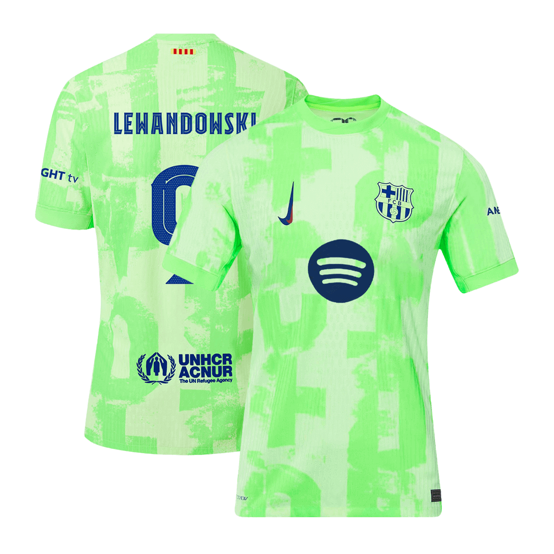 Auténtica camiseta de fútbol de visitante del Barcelona 2024/25 de Lewandowski #9 (UCL) (Logotipo de Spotify sin texto)