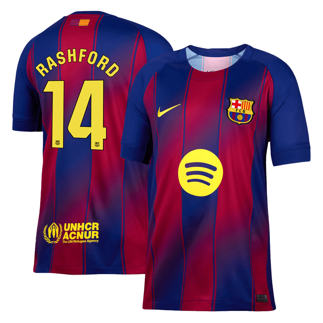 Camiseta de fútbol local del Barcelona RASHFORD #14 2025/26, roja y azul
