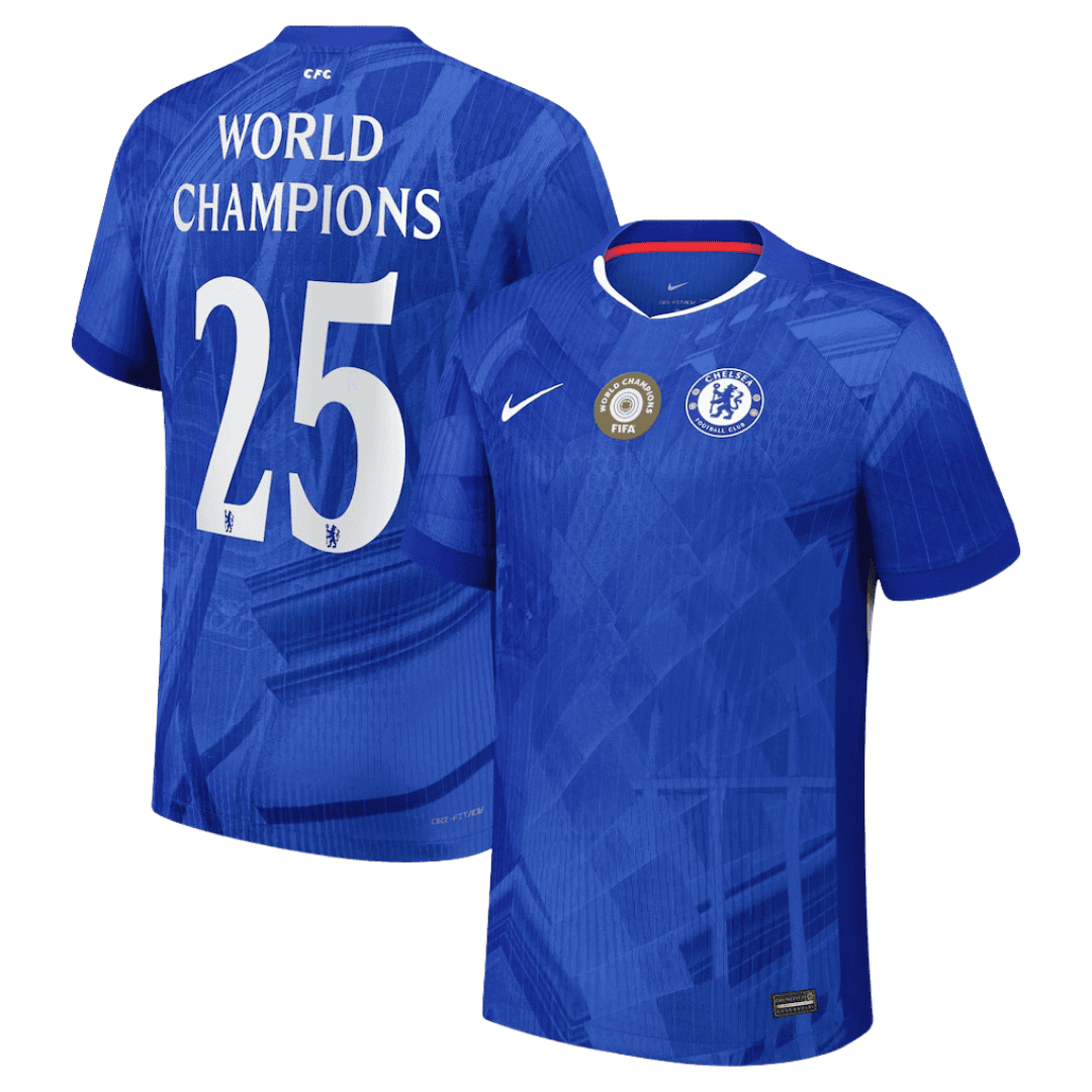 Camiseta de fútbol local auténtica del Chelsea n.° 25 del Mundial 2025/26, azul, con escudo en el pecho.