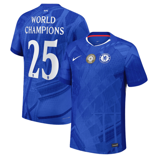 Camiseta de fútbol local auténtica del Chelsea n.° 25 del Mundial 2025/26, azul, con escudo en el pecho.