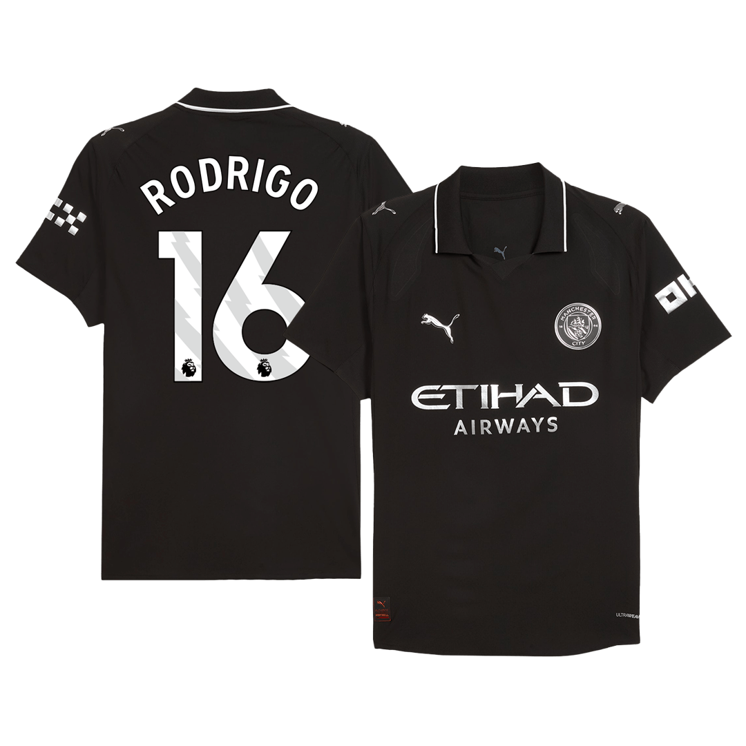 Camiseta de fútbol visitante auténtica RODRIGO #16 del Manchester City 2025/26, negra
