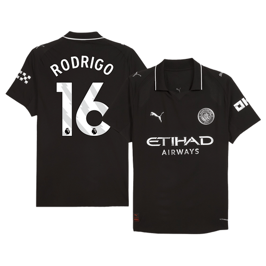 Camiseta de fútbol visitante auténtica RODRIGO #16 del Manchester City 2025/26, negra