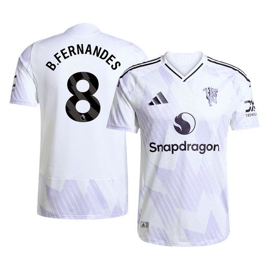 Camiseta de fútbol visitante auténtica de B.FERNANDES #8 del Manchester United 2025/26, blanca