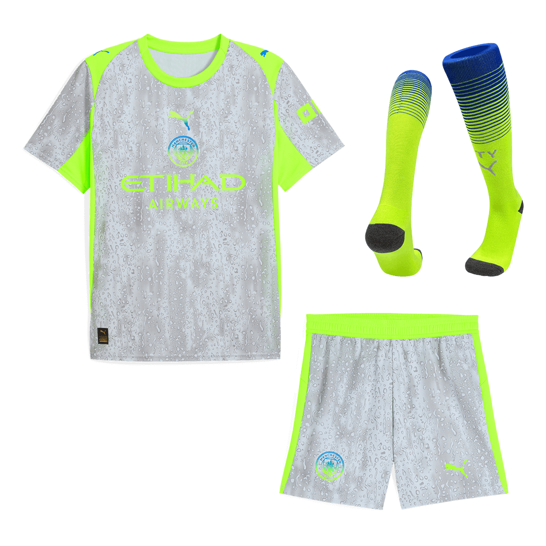 Kit de fútbol visitante del Manchester City (camiseta, pantalón corto y medias) 2025/26