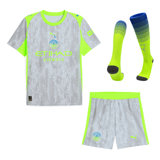 Kit de fútbol visitante del Manchester City (camiseta, pantalón corto y medias) 2025/26