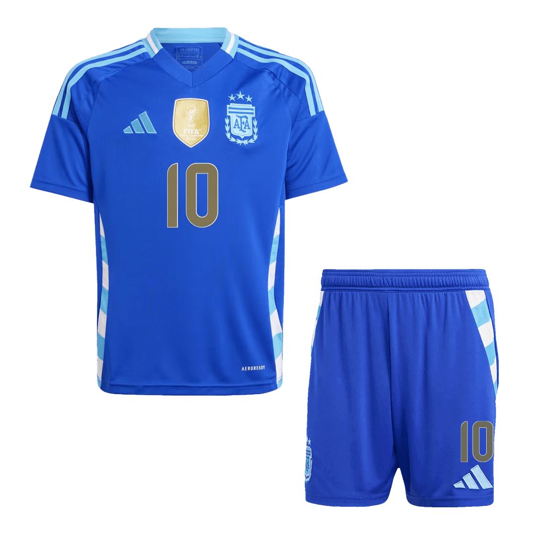 Kit de fútbol visitante de Argentina Messi #10 para niño (Kit y pantalón corto) 2024