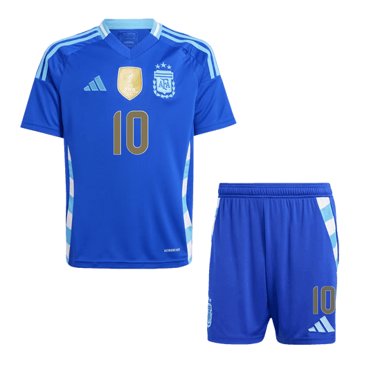 Kit de fútbol visitante de Argentina Messi #10 para niño (Kit y pantalón corto) 2024