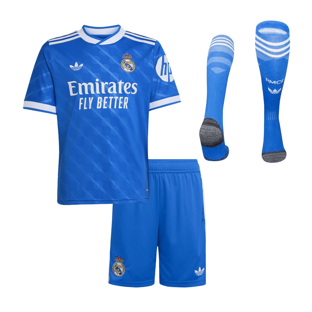 Kit de camiseta de fútbol de la tercera equipación del Real Madrid 2025/26 para niños