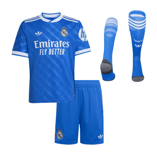 Kit de camiseta de fútbol de la tercera equipación del Real Madrid 2025/26 para niños