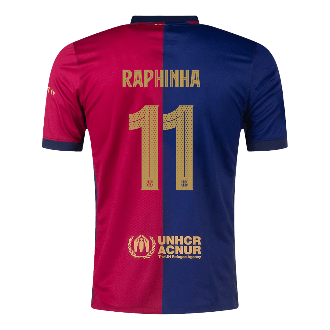 Camiseta de fútbol local del Barcelona 2024/25, RAPHINHA #11, roja y azul - UCL (logotipo de Spotify sin texto)