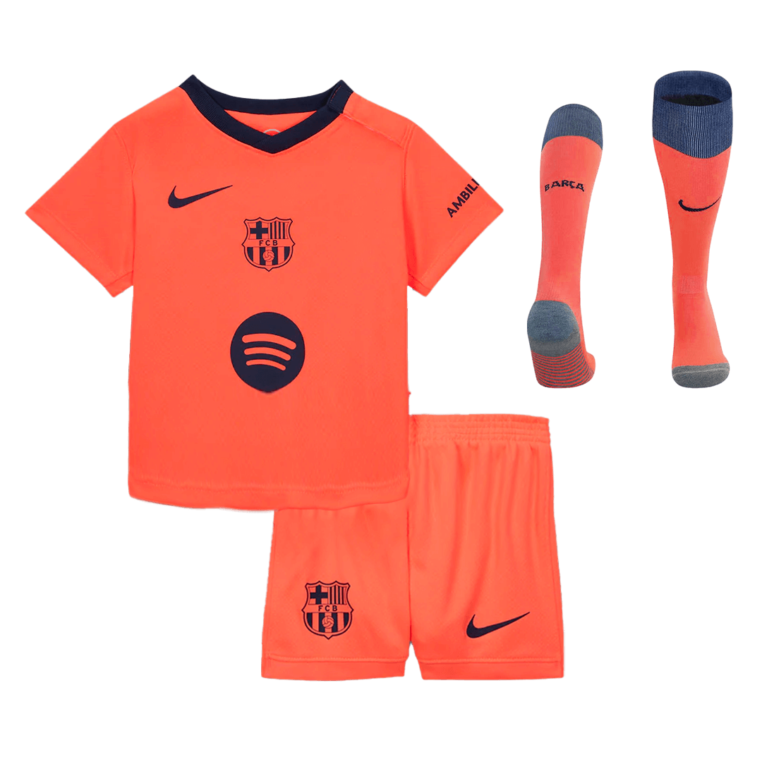 Kit de fútbol infantil de visitante del Barcelona (camiseta, pantalón corto y medias) 2025/26
