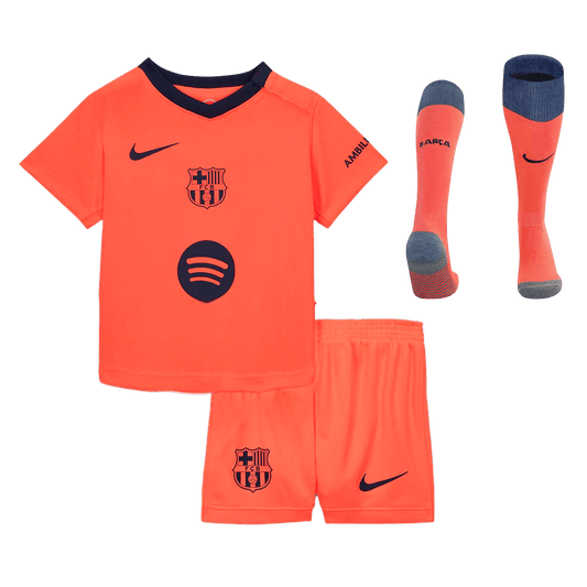 Kit de fútbol infantil de visitante del Barcelona (camiseta, pantalón corto y medias) 2025/26