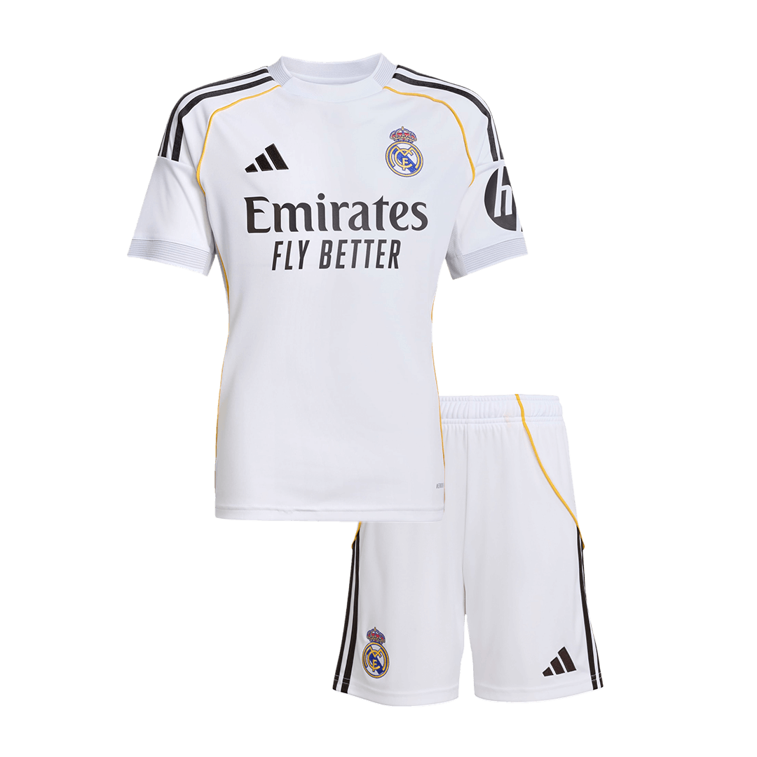 Kit de camiseta de fútbol local del Real Madrid 2025/26 para niños