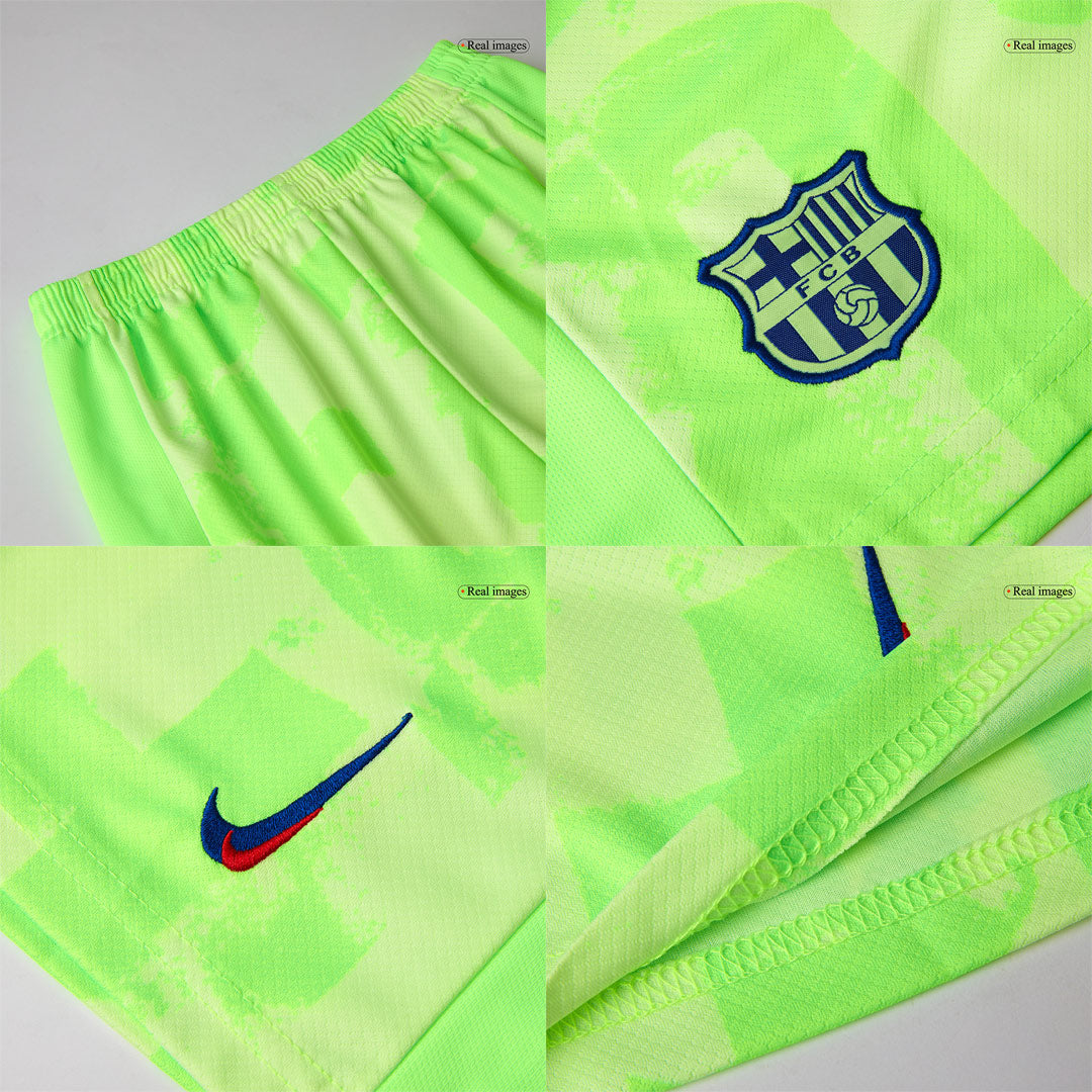 Kit de fútbol infantil de visitante del Barcelona (camiseta y pantalón corto) 2024/25 - UCL (logotipo de Spotify sin texto)