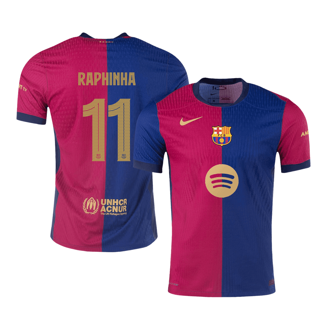 Camiseta de fútbol local auténtica del Barcelona 2024/25, RAPHINHA #11, roja y azul - UCL (logotipo de Spotify sin texto)