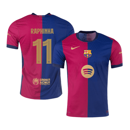 Camiseta de fútbol local auténtica del Barcelona 2024/25, RAPHINHA #11, roja y azul - UCL (logotipo de Spotify sin texto)