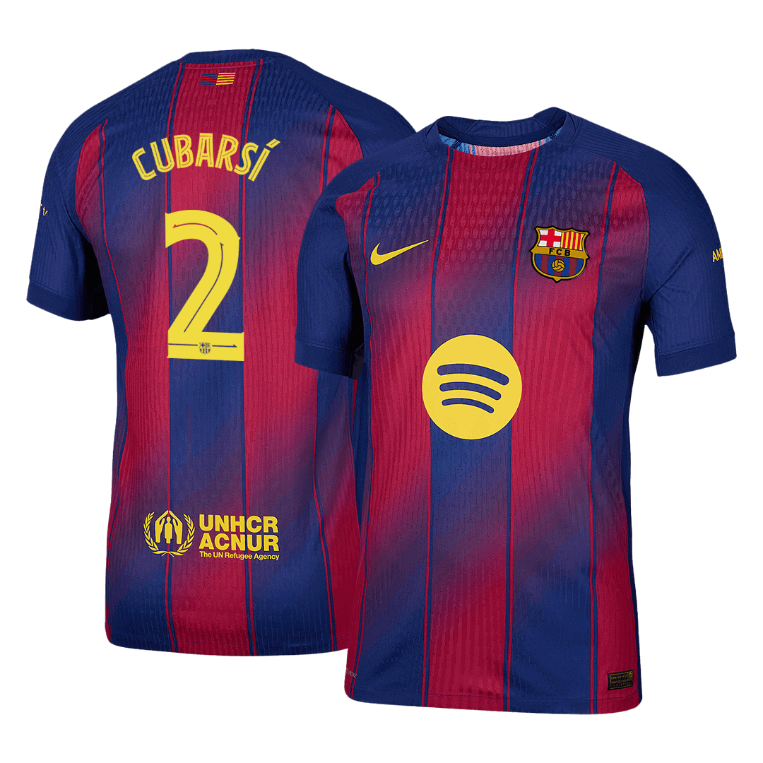 Camiseta de fútbol auténtica CUBARSÍ #2 del Barcelona 2025/26, roja y azul - UCL